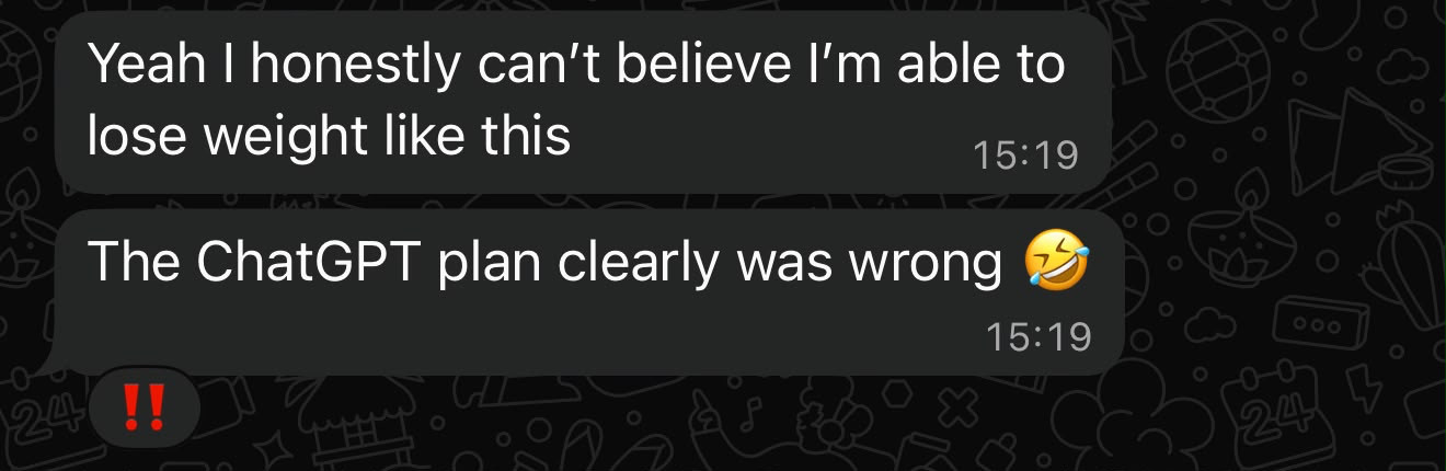 Client WhatsApp message: can't believe I'm able to lose weight like this